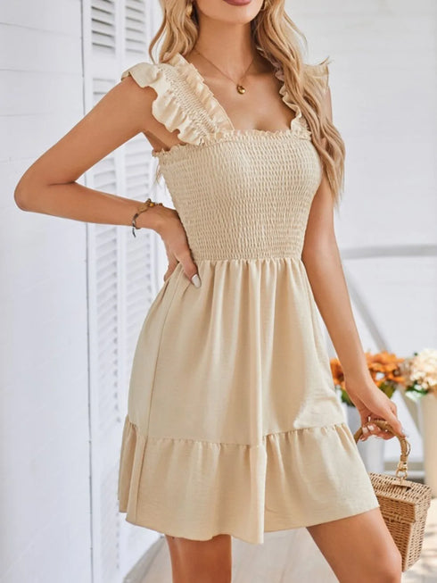 smocked-square-neck-wide-strap-dress OhSoStyled - Sophia's Style in Tan-4